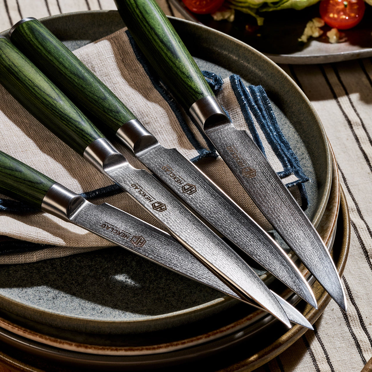 Set de Cuchillos para Steak de Acero Damasco, 4 piezas (Verde)