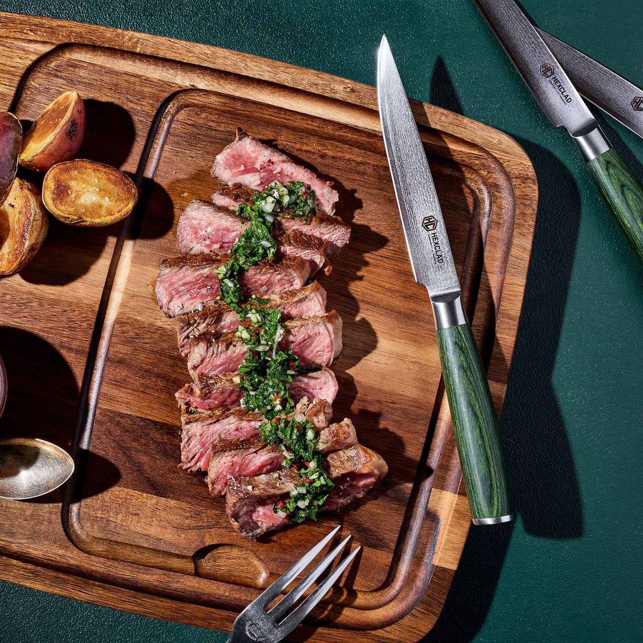 Set de Cuchillos para Steak de Acero Damasco, 4 piezas (Verde)